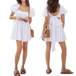 Verie valeria lipovetsky Mini Dress With Bow Elegant White Puff Sleeve Dress